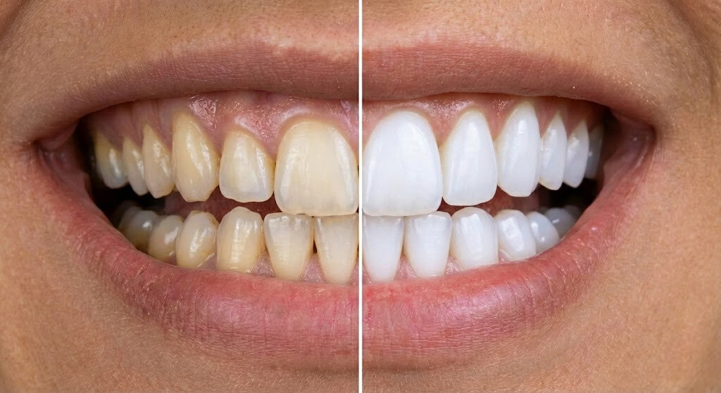Сравнение улыбки после гигиены с винирами и до