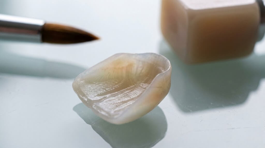 Готовый Емакс винир на столе зубного техника