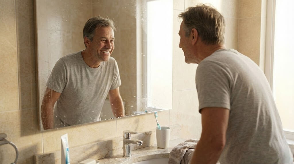 Мужчина с современным протезом зубов