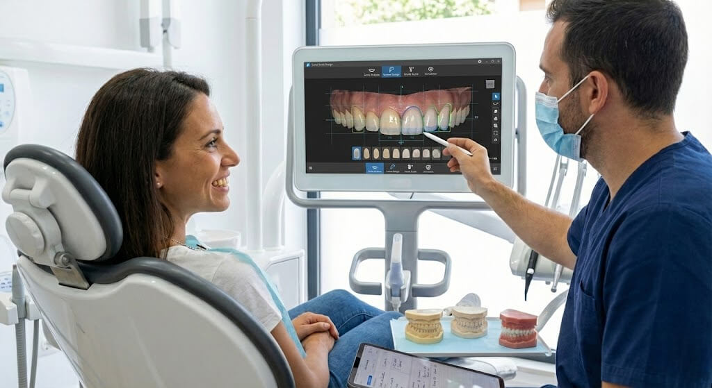 Демонстрация результата установки виниров на приеме